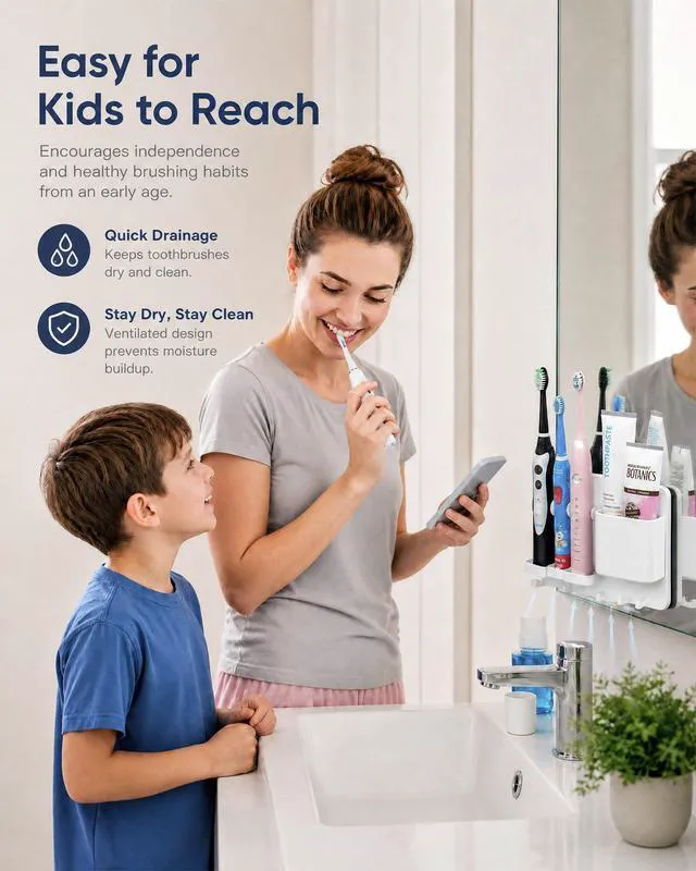 Alt view image 4 of 7 - Adhesive Electric Toothbrush Holder Wall Mounted (White) | no drilling required | adhesive installation | 2pcs self-adhesive tape included | abs plastic | with 6hooks | razor hanger