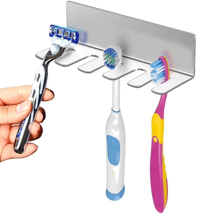 Main image of Wall Mounted Toothbrush Holder, Stainless Steel Toothbrush Holder with Self-Adhesive No Drilling Toothbrush Organizer, Bathroom Mounted Holder for Toothbrush Head, Washroom Razor Holder