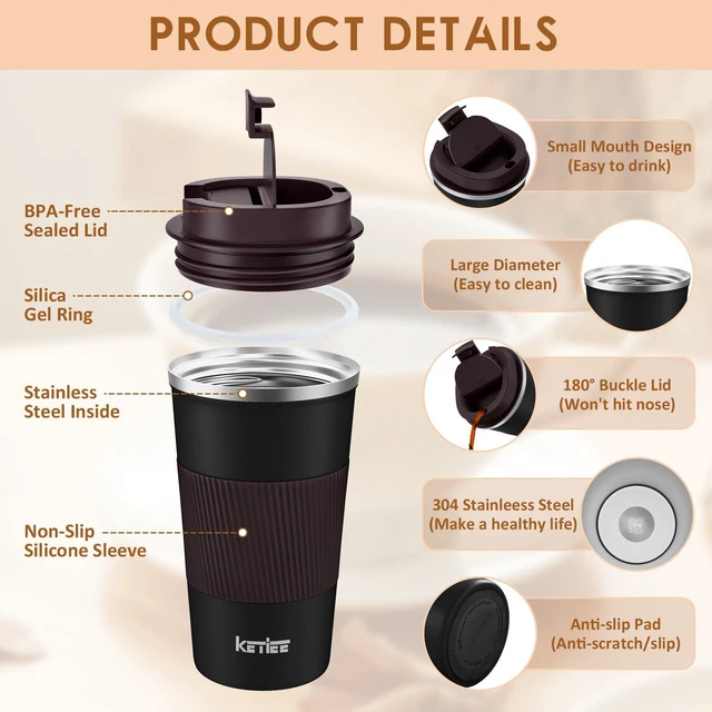 Alt view image 3 of 7 - Travel Mug, 12oz Insulated Coffee Cup with Leakproof Lid, Vacuum Stainless Steel Double-Wall Travel Coffee Mug Spill Proof, Reusable Tumbler for Men and Women for Hot & Cold Water Tea