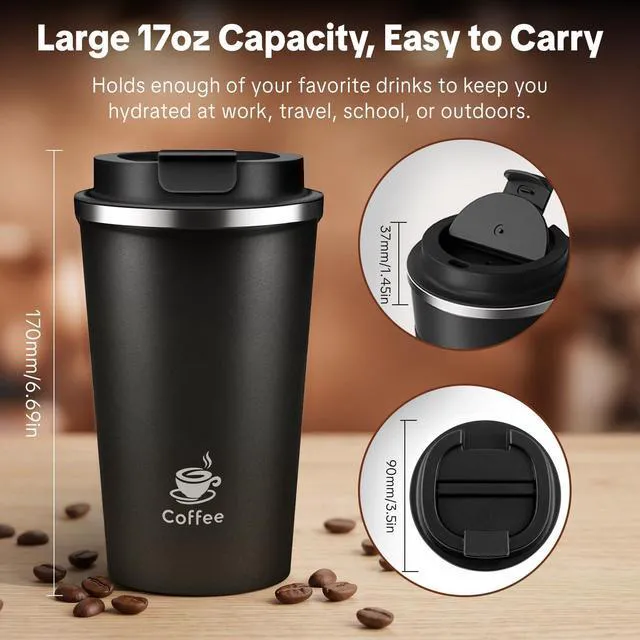 Alt view image 2 of 7 - 17oz Travel Coffee Mug ,Leakproof Vacuum Coffee Cup Insulated Tumbler | 304 Stainless Steel, Double-Wall Vacuum Insulated, Leakproof, Fits Hot & Cold Drinks Car Cup Holders, Travel, Office