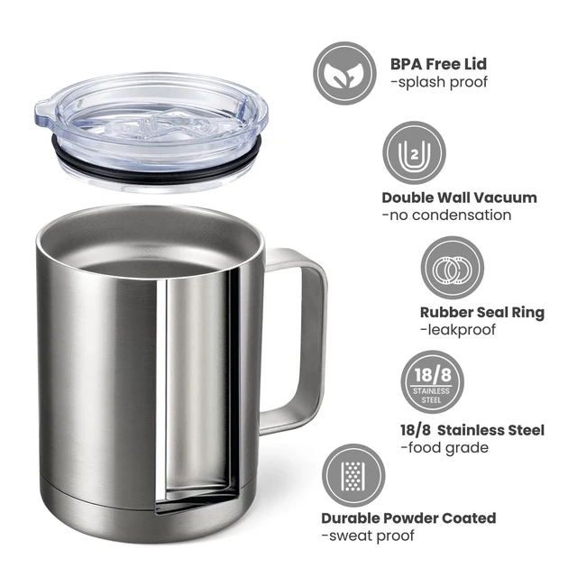 Alt view image 2 of 7 - 12oz Coffee Mug With Handle 8 Pack Bulk,Stainless Steel Insulated Travel Tumblers With Sliding Lid,Double Wall Vacuum Camping Cup for Hot & Cold Drinks Tea (Sliver,Set of 8)