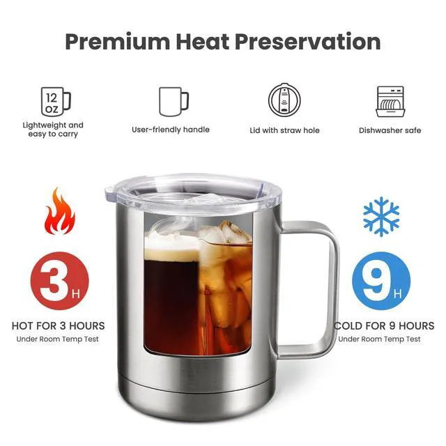 Alt view image 3 of 7 - 12oz Coffee Mug With Handle 8 Pack Bulk,Stainless Steel Insulated Travel Tumblers With Sliding Lid,Double Wall Vacuum Camping Cup for Hot & Cold Drinks Tea (Sliver,Set of 8)