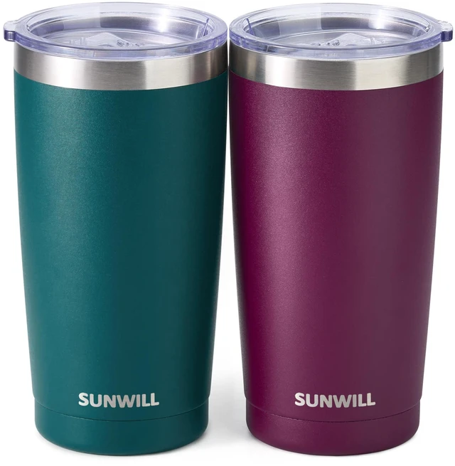 Main image of Travel Coffee Mug with Lid, 20 oz Tumbler Set of 2, Insulated Stainless Steel Cup for Drinks Water, Tea, Powder Coated Forest Green & Plum