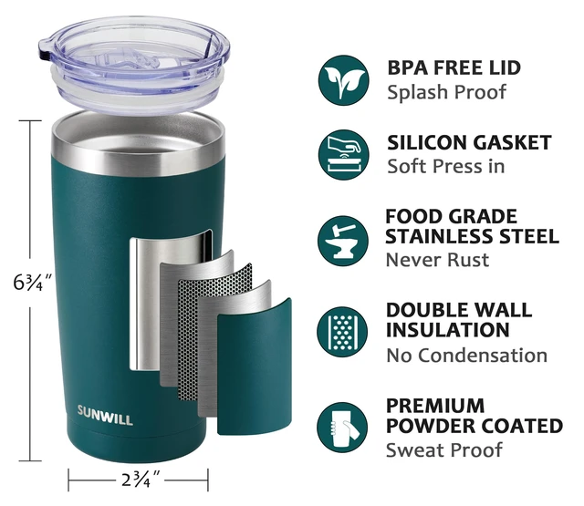 Alt view image 2 of 6 - Travel Coffee Mug with Lid, 20 oz Tumbler Set of 2, Insulated Stainless Steel Cup for Drinks Water, Tea, Powder Coated Forest Green & Plum