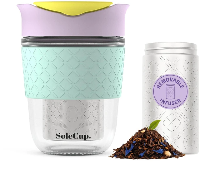 Main image of . Travel Mug Loose Tea Infuser - Detachable Tea Strainer with Spillproof Lid - BPA-Free Reusable Glass Travel Coffee Cup with Silicone Band (Ice Cream, 12oz)