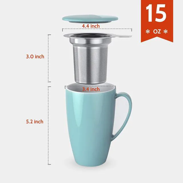 Alt view image 2 of 6 - 15oz Porcelain Tea Mug with Infuser and Lid Microwave Safe, Ergonomic Handle, Lead-Free Glaze, for Loose Leaf Tea