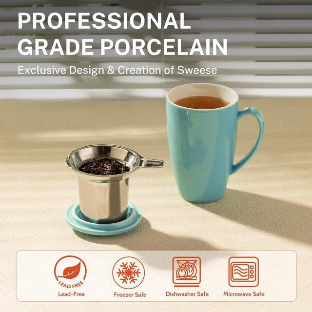 Alt view image 3 of 6 - 15oz Porcelain Tea Mug with Infuser and Lid Microwave Safe, Ergonomic Handle, Lead-Free Glaze, for Loose Leaf Tea