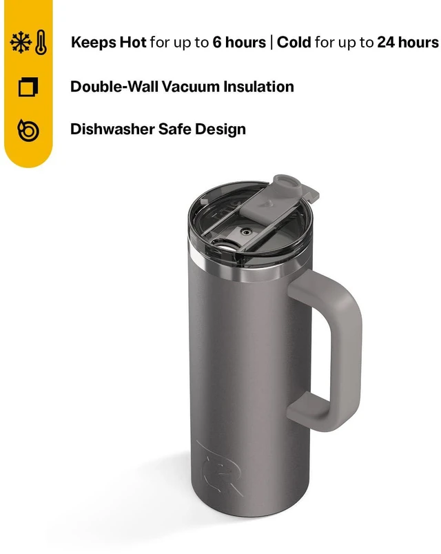 Alt view image 2 of 7 - 20oz Road Trip Travel Mug with Lid and Handle, Ceramic Lined, Graphite | Stainless Steel Metal, Insulated Travel Cup for Hot and Cold Drinks, Coffee, Car, Camping and Travel
