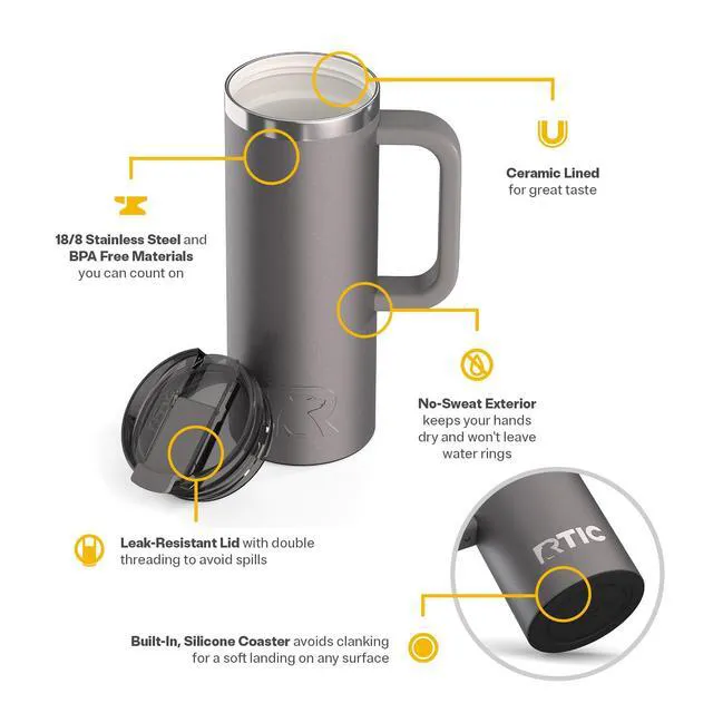 Alt view image 3 of 7 - 20oz Road Trip Travel Mug with Lid and Handle, Ceramic Lined, Graphite | Stainless Steel Metal, Insulated Travel Cup for Hot and Cold Drinks, Coffee, Car, Camping and Travel