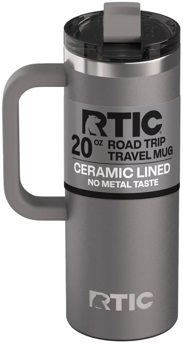 Main image of 20oz Road Trip Travel Mug with Lid and Handle, Ceramic Lined, Graphite | Stainless Steel Metal, Insulated Travel Cup for Hot and Cold Drinks, Coffee, Car, Camping and Travel