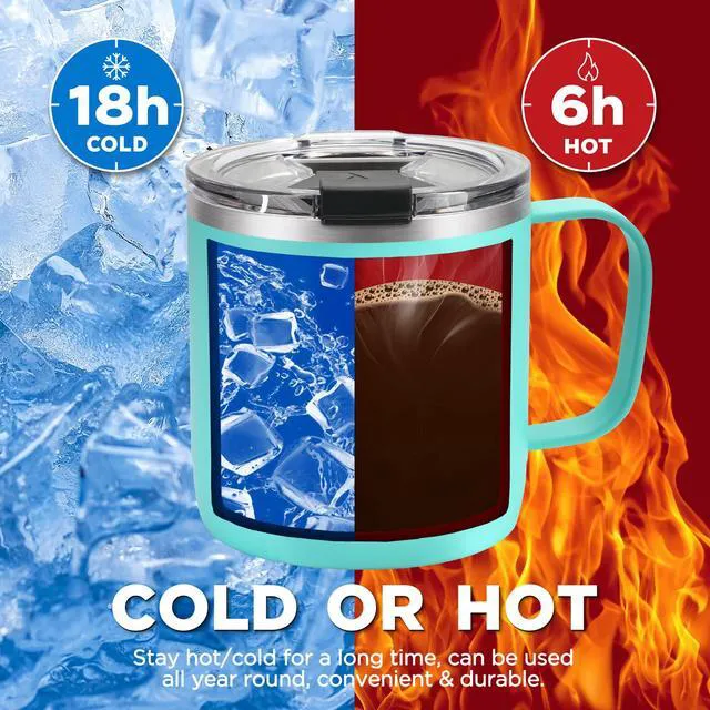 Alt view image 5 of 7 - 14 oz Coffee Mug, Insulated Coffee Mug with Handle, Travel Camping Cup, Portable Stainless Steel Coffee Cup, Insulated Coffee Cups with Lid, Lake Blue
