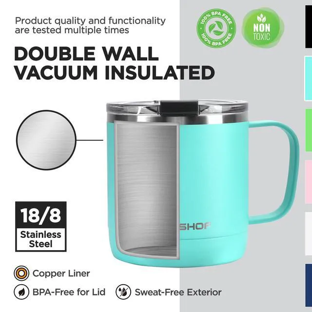 Alt view image 3 of 7 - 14 oz Coffee Mug, Insulated Coffee Mug with Handle, Travel Camping Cup, Portable Stainless Steel Coffee Cup, Insulated Coffee Cups with Lid, Lake Blue