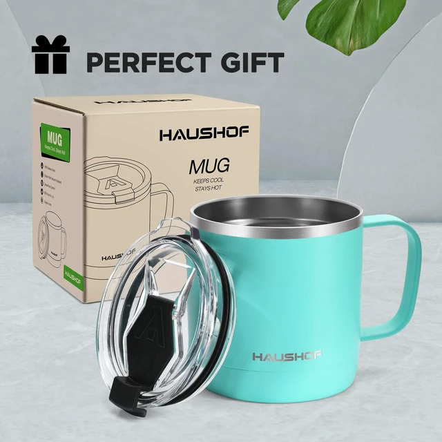 Alt view image 7 of 7 - 14 oz Coffee Mug, Insulated Coffee Mug with Handle, Travel Camping Cup, Portable Stainless Steel Coffee Cup, Insulated Coffee Cups with Lid, Lake Blue