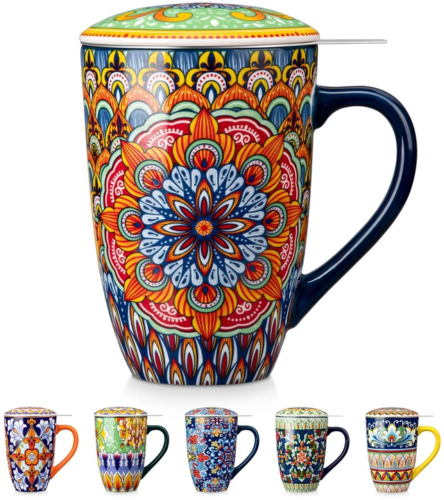 Main image of Ceramic Tea Mug with Infuser and Lid, 18 Ounce Bohemian Loose Leaf Cup, Microwave & Dishwasher Safe, Perfect for Tea, Coffee, Burnt-Cobalt Mandala