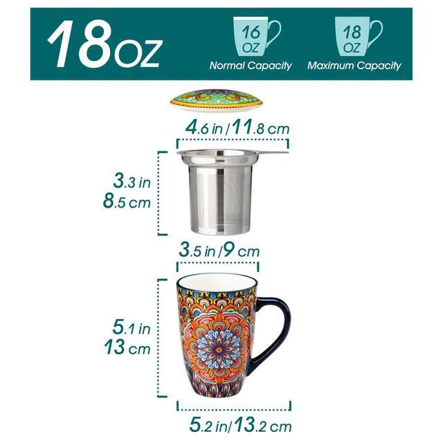 Alt view image 2 of 7 - Ceramic Tea Mug with Infuser and Lid, 18 Ounce Bohemian Loose Leaf Cup, Microwave & Dishwasher Safe, Perfect for Tea, Coffee, Burnt-Cobalt Mandala
