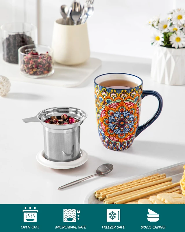 Alt view image 4 of 7 - Ceramic Tea Mug with Infuser and Lid, 18 Ounce Bohemian Loose Leaf Cup, Microwave & Dishwasher Safe, Perfect for Tea, Coffee, Burnt-Cobalt Mandala