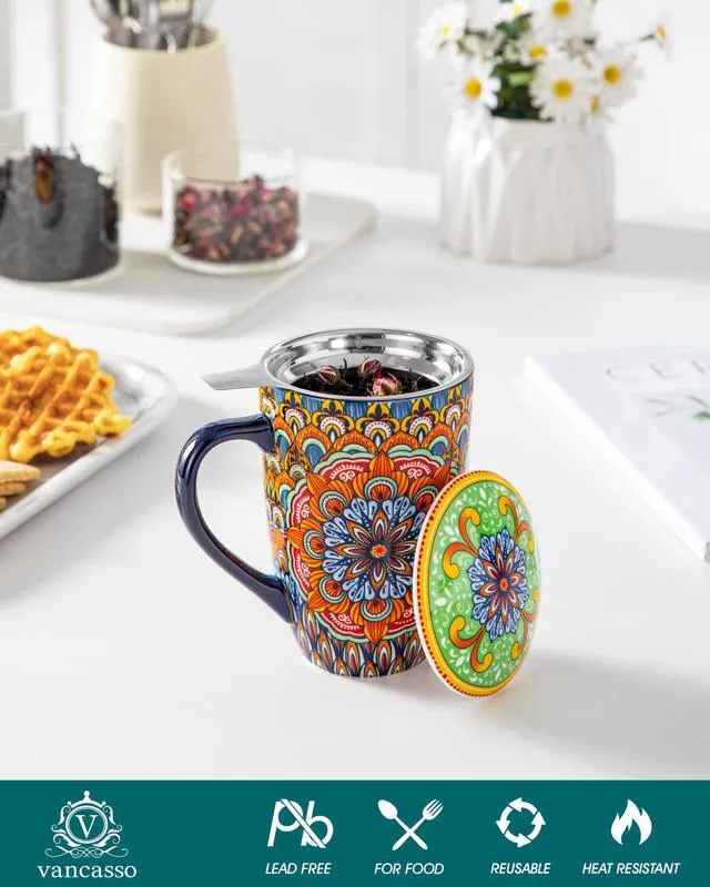 Alt view image 3 of 7 - Ceramic Tea Mug with Infuser and Lid, 18 Ounce Bohemian Loose Leaf Cup, Microwave & Dishwasher Safe, Perfect for Tea, Coffee, Burnt-Cobalt Mandala