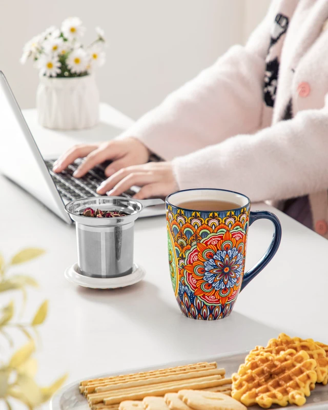 Alt view image 6 of 7 - Ceramic Tea Mug with Infuser and Lid, 18 Ounce Bohemian Loose Leaf Cup, Microwave & Dishwasher Safe, Perfect for Tea, Coffee, Burnt-Cobalt Mandala