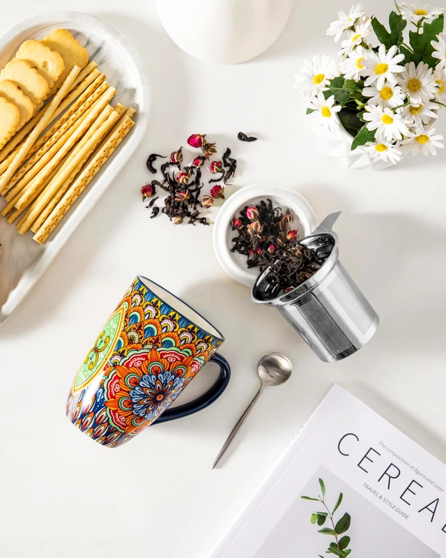 Alt view image 5 of 7 - Ceramic Tea Mug with Infuser and Lid, 18 Ounce Bohemian Loose Leaf Cup, Microwave & Dishwasher Safe, Perfect for Tea, Coffee, Burnt-Cobalt Mandala
