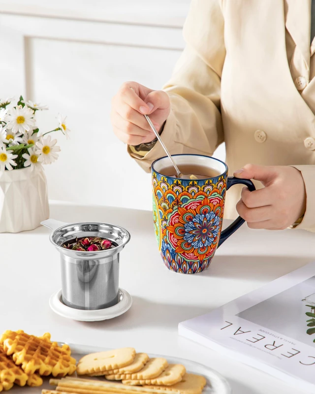 Alt view image 7 of 7 - Ceramic Tea Mug with Infuser and Lid, 18 Ounce Bohemian Loose Leaf Cup, Microwave & Dishwasher Safe, Perfect for Tea, Coffee, Burnt-Cobalt Mandala