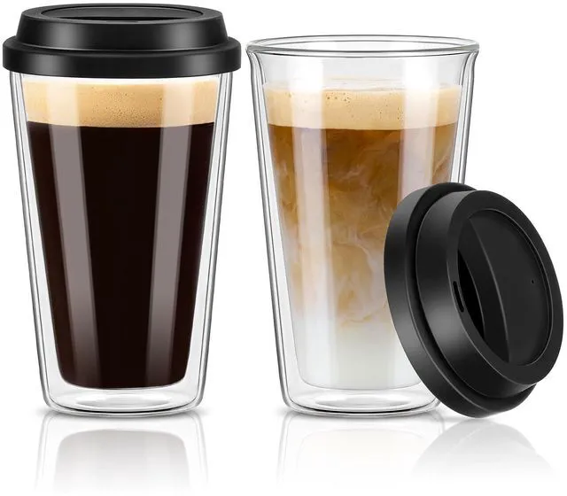 Main image of ® 2 Packs Double Walled Glass Coffee Mugs with Silicone Lids, 12 OZ Reusable Glass Coffee Cups, Insulated Coffee Mugs, Cappuccino,Tea,Latte,Iced Coffee Cups, Glass Travel Mug, Heat Resistant