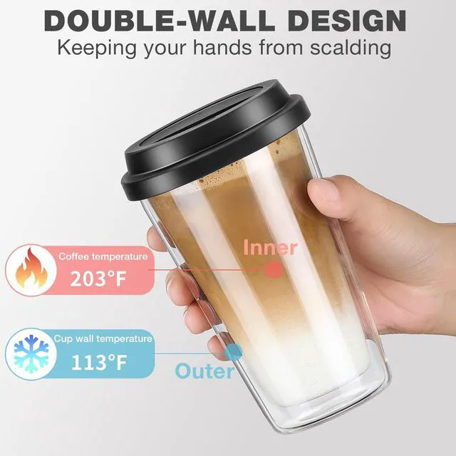 Alt view image 2 of 7 - ® 2 Packs Double Walled Glass Coffee Mugs with Silicone Lids, 12 OZ Reusable Glass Coffee Cups, Insulated Coffee Mugs, Cappuccino,Tea,Latte,Iced Coffee Cups, Glass Travel Mug, Heat Resistant