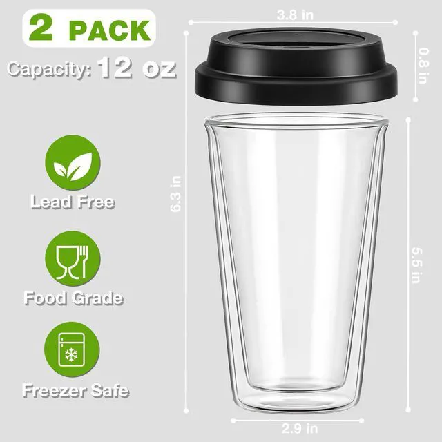 Alt view image 7 of 7 - ® 2 Packs Double Walled Glass Coffee Mugs with Silicone Lids, 12 OZ Reusable Glass Coffee Cups, Insulated Coffee Mugs, Cappuccino,Tea,Latte,Iced Coffee Cups, Glass Travel Mug, Heat Resistant