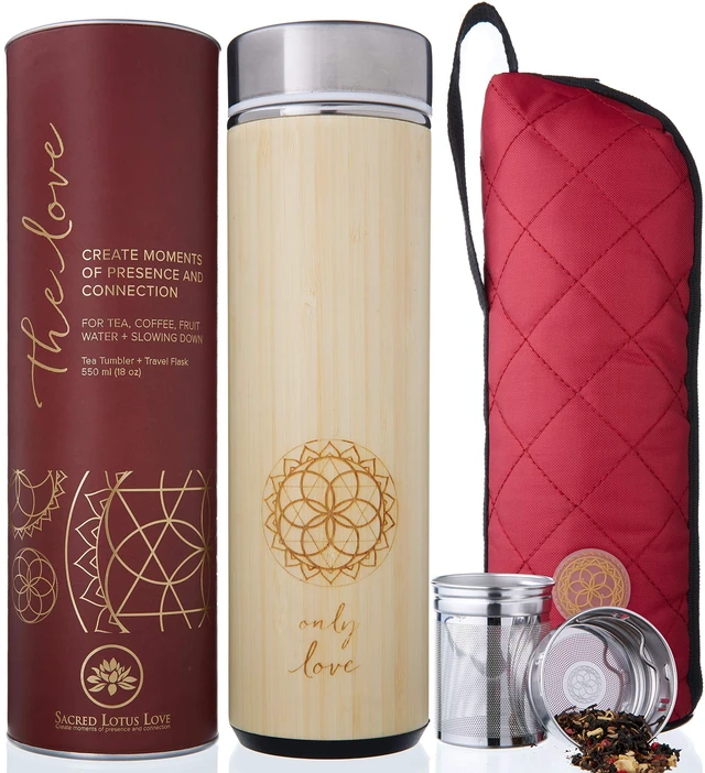 Main image of Insulated Bamboo Tea Travel Tumbler with Infuser, Strainer & Sleeve - For Hot Coffee or Cold, Stainless Steel Coffee Mug, Ideal Tea Gift Set, Keeps Beverages Hotter for Longer