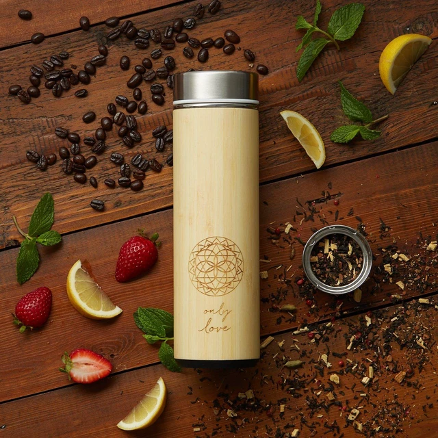 Alt view image 6 of 7 - Insulated Bamboo Tea Travel Tumbler with Infuser, Strainer & Sleeve - For Hot Coffee or Cold, Stainless Steel Coffee Mug, Ideal Tea Gift Set, Keeps Beverages Hotter for Longer