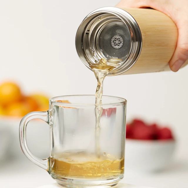 Alt view image 7 of 7 - Insulated Bamboo Tea Travel Tumbler with Infuser, Strainer & Sleeve - For Hot Coffee or Cold, Stainless Steel Coffee Mug, Ideal Tea Gift Set, Keeps Beverages Hotter for Longer
