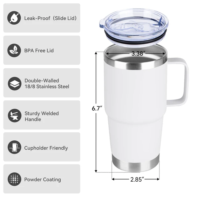 Alt view image 2 of 7 - 20oz Tumbler with Handle & Lid, Insulated Stainless Steel Travel Mug, Leakproof Cup for Coffee & Tea, BPA-Free Double-Wall Vacuum Tumblers for Hot/Cold Drinks, Commuter, Gym, Office, White 1 Pack