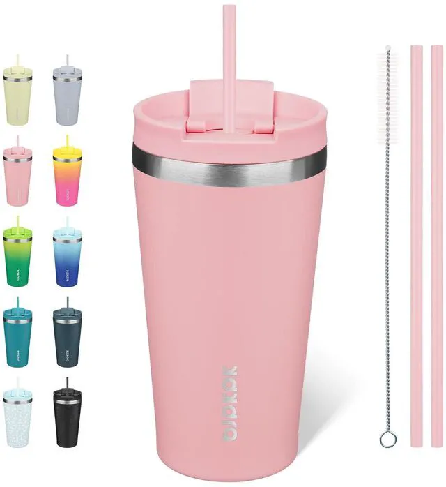 Main image of 18 oz Coffee Tumbler with Straw, Insulated Stainless Steel Cup | Double Wall Vacuum, Leak Proof, Keeps Hot/Cold, BPA Free, Dishwasher Safe, Cupholder Friendly, Travel, Light Pink