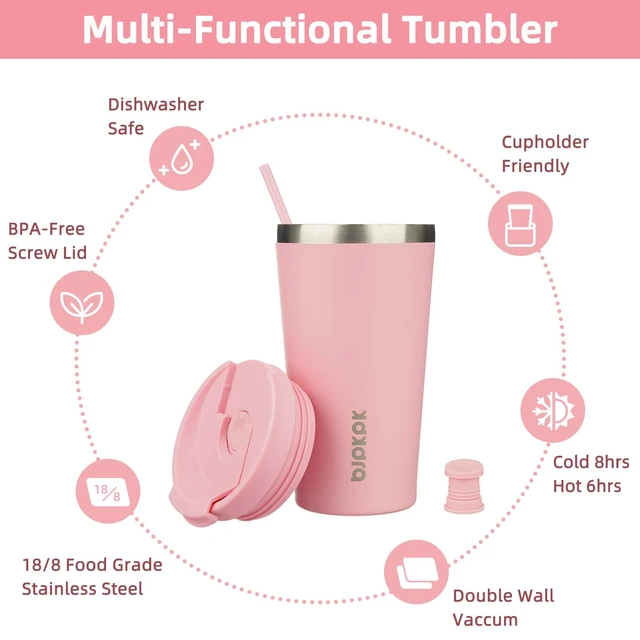 Alt view image 3 of 6 - 18 oz Coffee Tumbler with Straw, Insulated Stainless Steel Cup | Double Wall Vacuum, Leak Proof, Keeps Hot/Cold, BPA Free, Dishwasher Safe, Cupholder Friendly, Travel, Light Pink