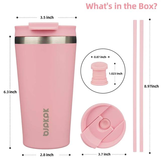 Alt view image 2 of 6 - 18 oz Coffee Tumbler with Straw, Insulated Stainless Steel Cup | Double Wall Vacuum, Leak Proof, Keeps Hot/Cold, BPA Free, Dishwasher Safe, Cupholder Friendly, Travel, Light Pink
