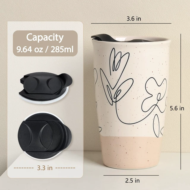 Alt view image 2 of 7 - Ceramic Coffee Mug with Lid, Flower Pattern Double Wall Coffee Travel Mug Ceramic Tumbler 9.64oz, Reusable Tall Cup, Splash Resistant Lid, Dishwasher Microwaveable Safe