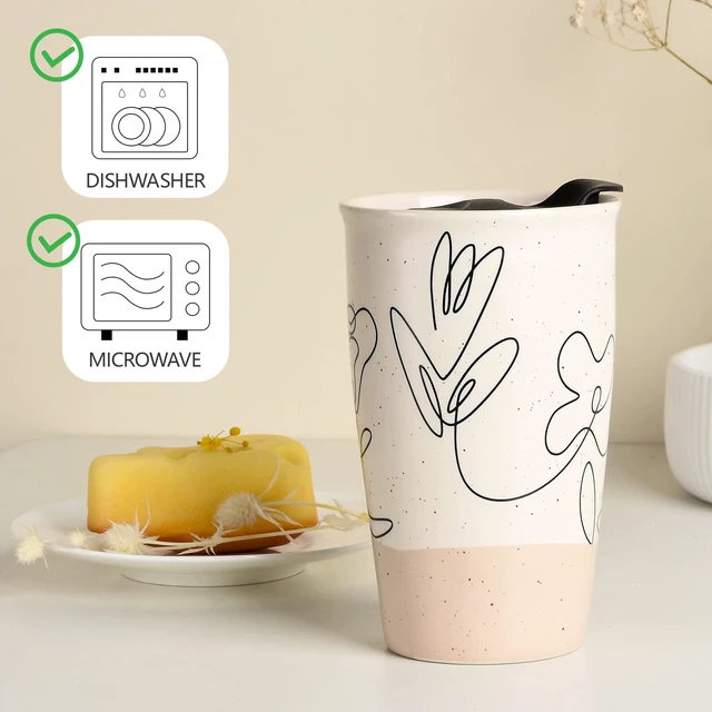 Alt view image 3 of 7 - Ceramic Coffee Mug with Lid, Flower Pattern Double Wall Coffee Travel Mug Ceramic Tumbler 9.64oz, Reusable Tall Cup, Splash Resistant Lid, Dishwasher Microwaveable Safe