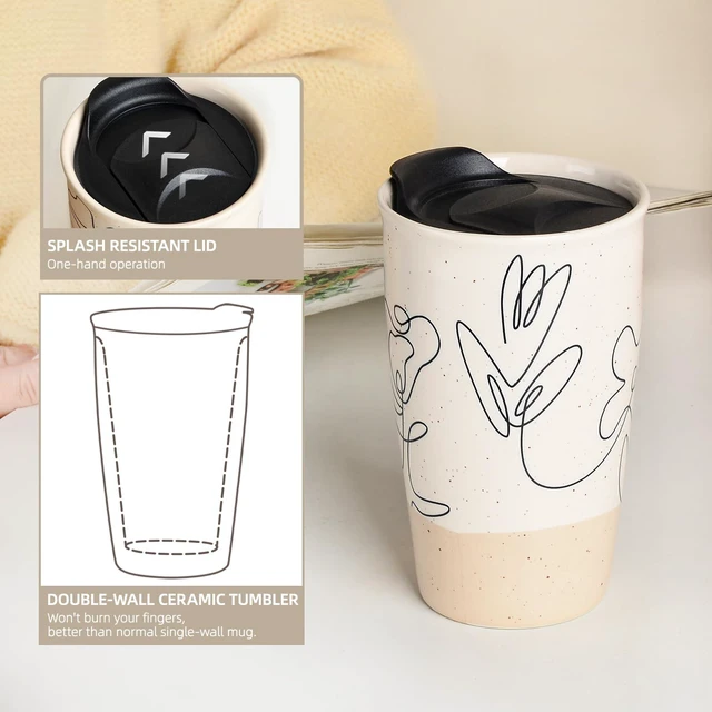 Alt view image 5 of 7 - Ceramic Coffee Mug with Lid, Flower Pattern Double Wall Coffee Travel Mug Ceramic Tumbler 9.64oz, Reusable Tall Cup, Splash Resistant Lid, Dishwasher Microwaveable Safe