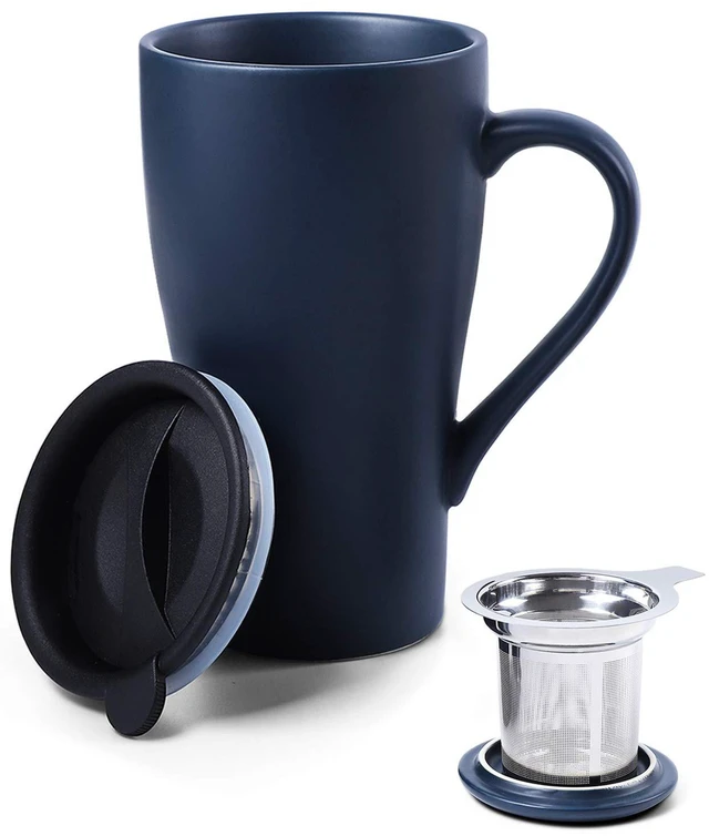 Main image of Tea Cup with Infuser and 2 Lids, 18oz Large Tea Infuser Mug, Tea Strainer Cup for Loose Leaf, Travel Mug with Teabag Holder (Royal Blue)