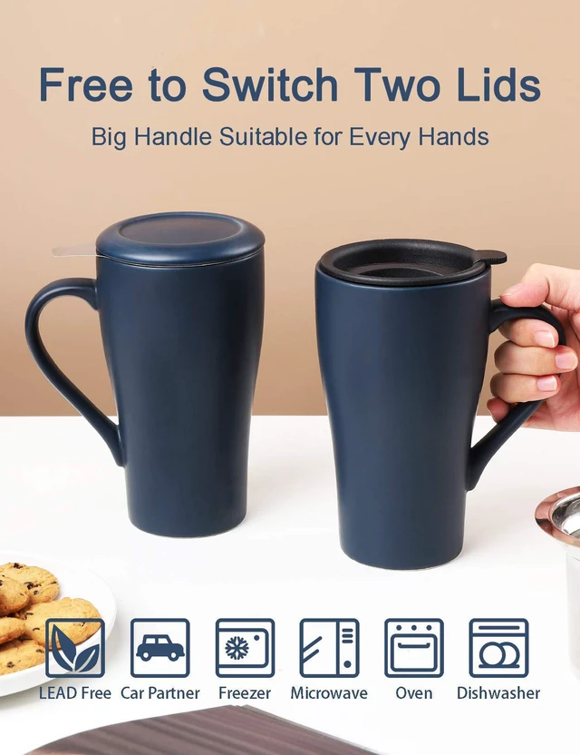 Alt view image 2 of 7 - Tea Cup with Infuser and 2 Lids, 18oz Large Tea Infuser Mug, Tea Strainer Cup for Loose Leaf, Travel Mug with Teabag Holder (Royal Blue)