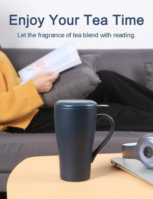 Alt view image 3 of 7 - Tea Cup with Infuser and 2 Lids, 18oz Large Tea Infuser Mug, Tea Strainer Cup for Loose Leaf, Travel Mug with Teabag Holder (Royal Blue)
