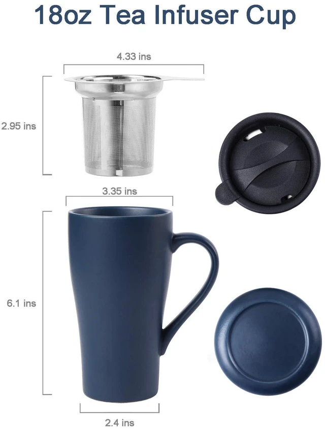 Alt view image 4 of 7 - Tea Cup with Infuser and 2 Lids, 18oz Large Tea Infuser Mug, Tea Strainer Cup for Loose Leaf, Travel Mug with Teabag Holder (Royal Blue)