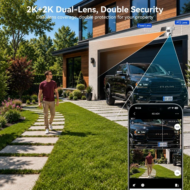 Alt view image 3 of 7 - Dual Lens 4G LTE Cellular Security Camera Outdoor: No WiFi Needed | 24/7 Recording, 2K Color Night Vision,360° Live View,13500mAh Battery, PIR Alarm,10W Solar Panel, Built-in SIM Card,Off Grid