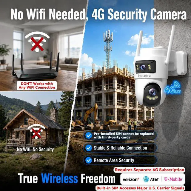 Alt view image 4 of 7 - Dual Lens 4G LTE Cellular Security Camera Outdoor: No WiFi Needed | 24/7 Recording, 2K Color Night Vision,360° Live View,13500mAh Battery, PIR Alarm,10W Solar Panel, Built-in SIM Card,Off Grid