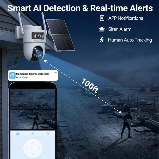 Alt view image 6 of 7 - Dual Lens 4G LTE Cellular Security Camera Outdoor: No WiFi Needed | 24/7 Recording, 2K Color Night Vision,360° Live View,13500mAh Battery, PIR Alarm,10W Solar Panel, Built-in SIM Card,Off Grid
