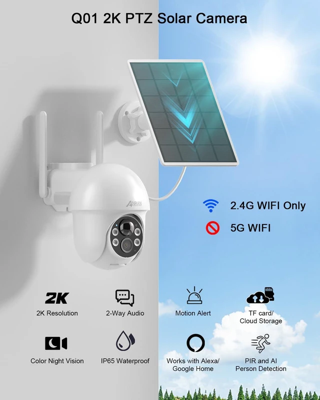 Alt view image 3 of 7 - Security Camera Wireless Outdoor, 2K Solar Outdoor Camera with 360° View, Smart Siren, Spotlights, Color Night Vision, PIR Human Detection, Pan Tilt Control, 2-Way Talk, IP65, Q1 White