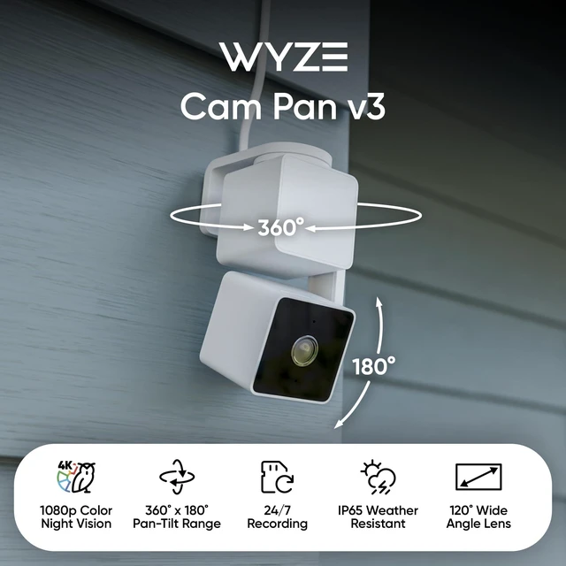 Alt view image 2 of 7 - Cam Pan v3, Indoor/Outdoor Security Camera with 360° Pan/Tilt/Zoom | Vibrant Color Night Vision, IP65-rated, Pan Scan Auto Patrol, 2-way Audio and Privacy Mode, No subscription required.