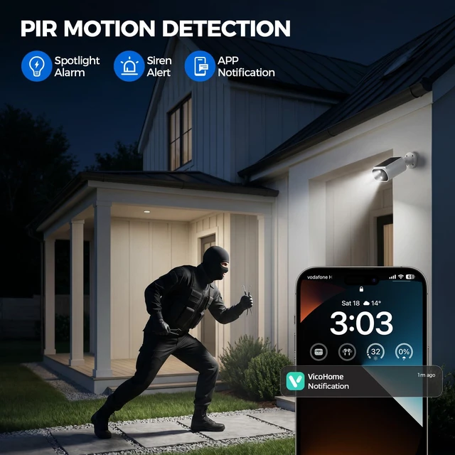Alt view image 3 of 7 - Solar Security Cameras Wireless Outdoor - 2K Night Color Vision Cameras for Home Security, AI Motion Detection, 360° View, Spotlight, 2-Way Audio, Siren, IP67 Waterproof, SD/Cloud Storage