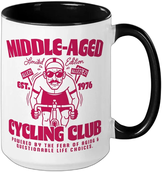 Alt view image 2 of 3 - Middle-Aged Cycling Club Road Cycling Men Ceramic Mug, Black/White, 15oz