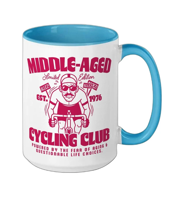 Alt view image 2 of 3 - Middle-Aged Cycling Club Road Cycling Men Ceramic Mug, Blue/White, 15oz