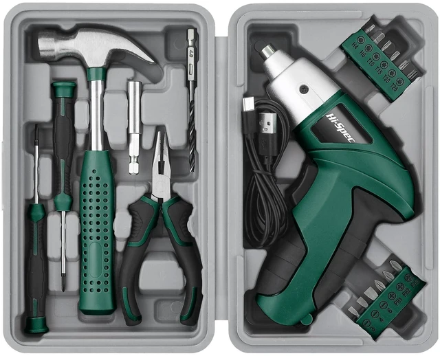 Main image of 3.6V USB Electric Screwdriver for Home Repairs and Assembly, Green | 19pc, fast assembly help, common screw bit selection, LED visibility, compact grip, quick household fixes, organized storage